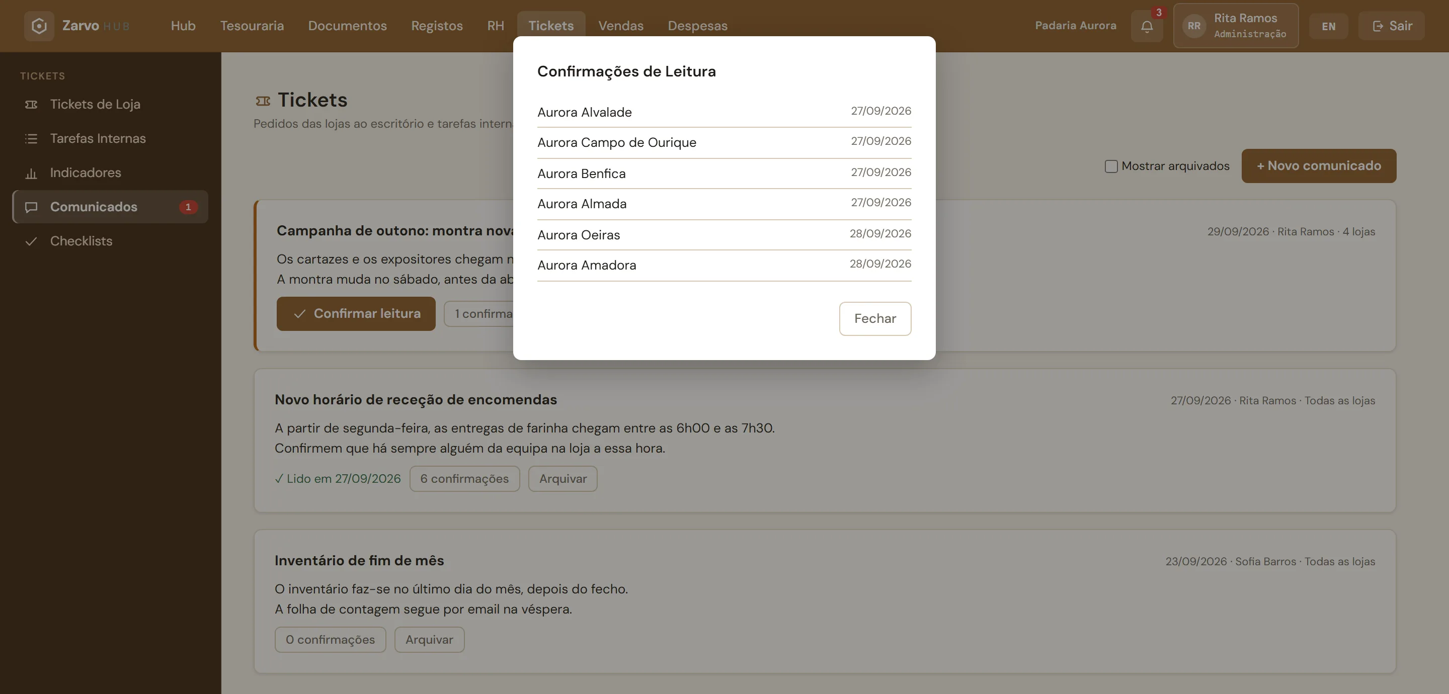 Um comunicado às lojas no ZarvoHUB e a lista de quem confirmou a leitura, loja a loja, com a data.