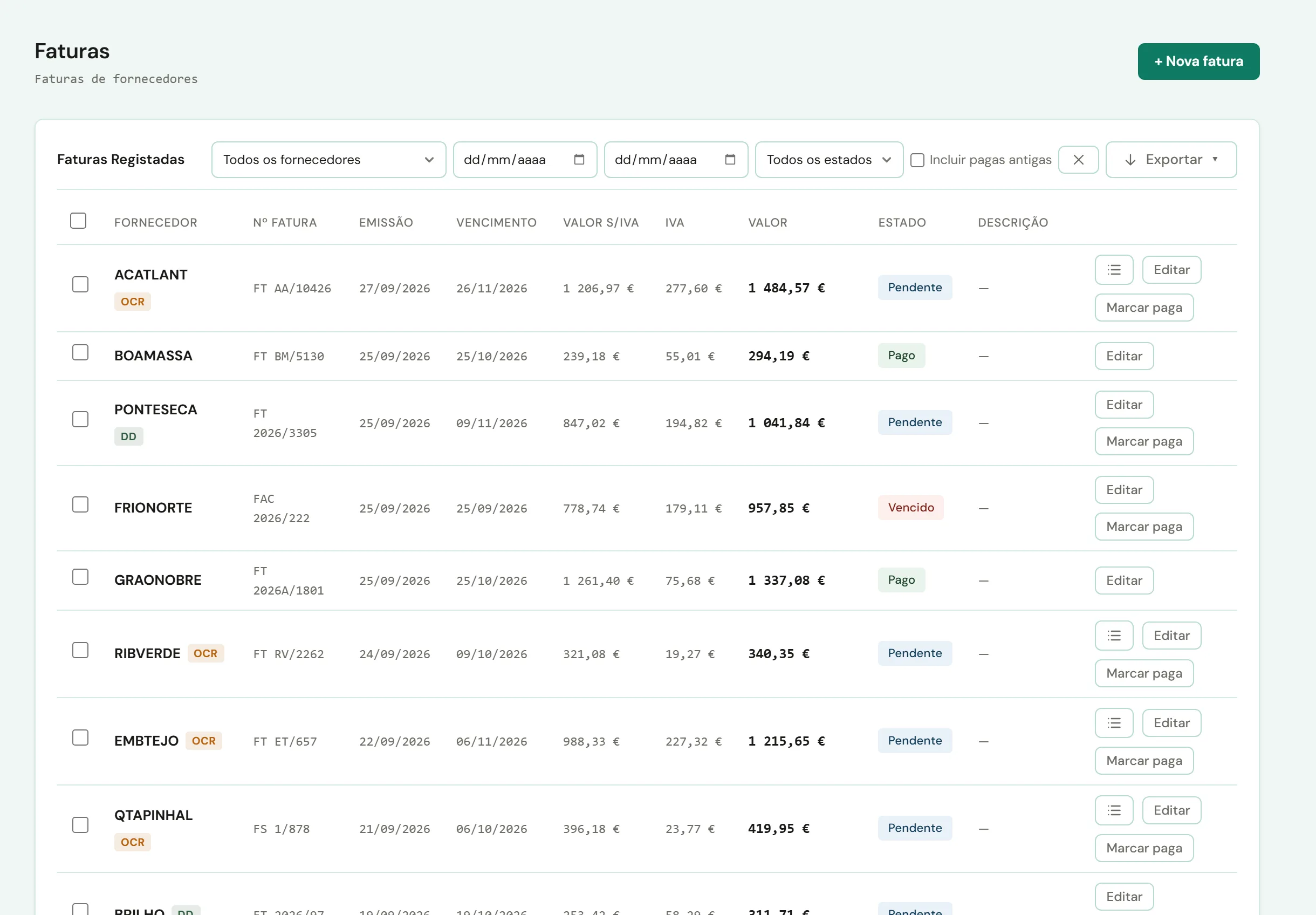Faturas de fornecedores na Tesouraria do ZarvoHUB, com a data de emissão, o vencimento, os valores e o estado de cada uma: paga, pendente ou vencida.